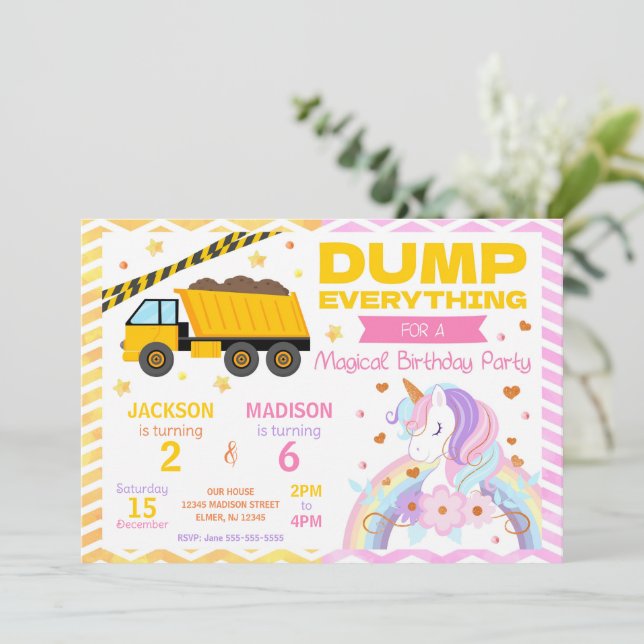 Construction & Unicorn Joint Birthday Invitation (Standing Front)