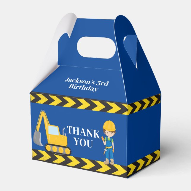 Construction Vehicle Boys Cool Blue Birthday Party Favour Box (Front Side)