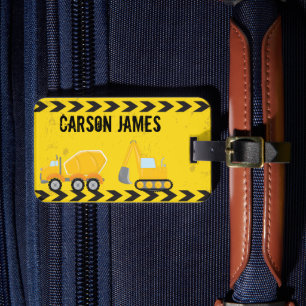 Construction Vehicle Boys Personalised Yellow Kids Luggage Tag