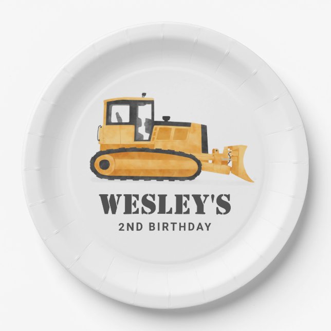 Construction Vehicle Bulldozer Birthday Party Paper Plate (Front)