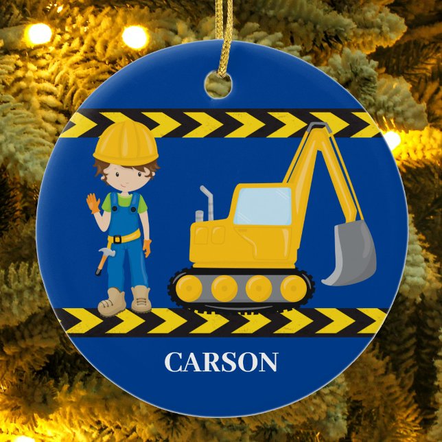 Construction Vehicle Cool Blue Boys Personalised Ceramic Tree Decoration (Creator Uploaded)
