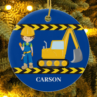 Construction Vehicle Cool Blue Boys Personalized Ceramic Tree Decoration