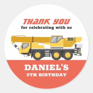Construction Vehicle Crane Boys Birthday Party Classic Round Sticker