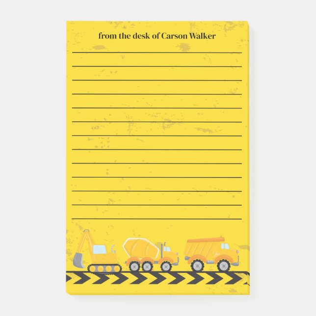 Construction Vehicle Custom Kids Yellow Lined Post-it Notes (Front)