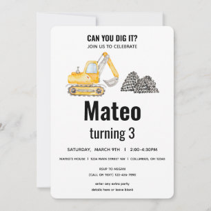 Construction Vehicle Digger Birthday Invitation