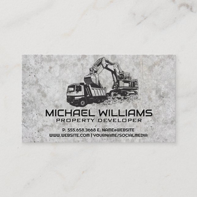 Construction Vehicle Digging | Concrete Background Business Card (Front)