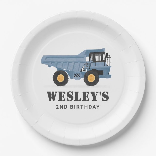 Construction Vehicle Dump Truck Birthday Party Paper Plate (Front)