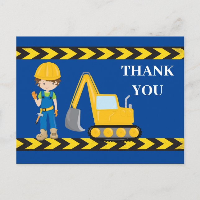 Construction Vehicle Excavator Boys Blue Thank You Postcard (Front)