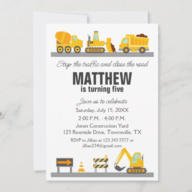 Construction Vehicle Trucks Birthday Invitation (Front)