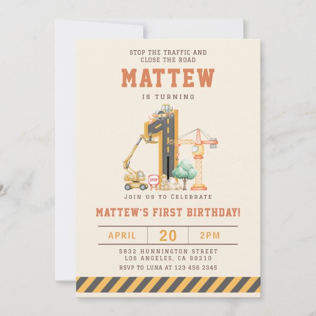 Construction Vehicles 1st Birthday Invitation (Front)
