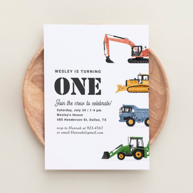 Construction Vehicles 1st Birthday Party Invitation (Creator Uploaded)