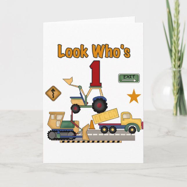 Construction Vehicles 1st Birthday Tshirts Card (Front)