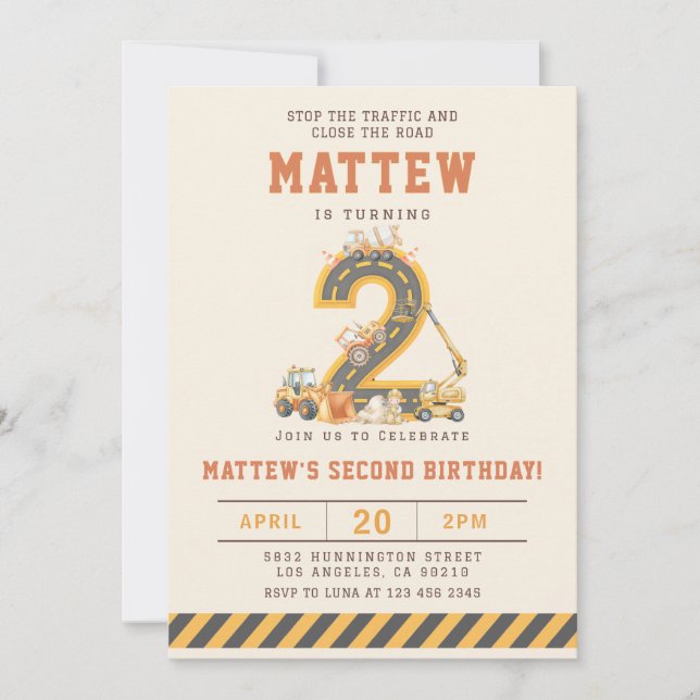 Construction Vehicles 2nd Birthday Invitation (Front)