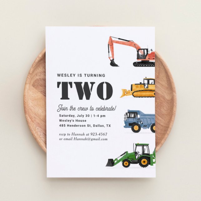 Construction Vehicles 2nd Birthday Party Invitation (Creator Uploaded)