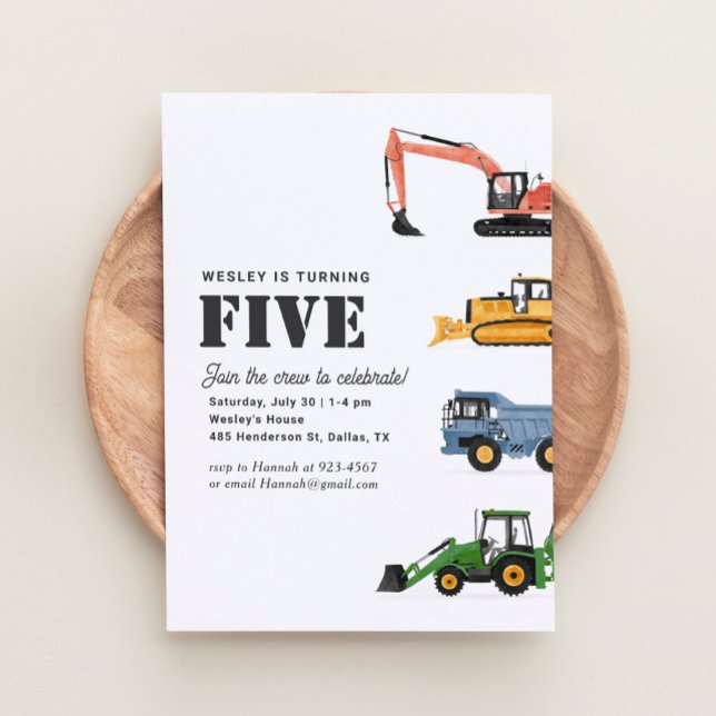 Construction Vehicles 5th Birthday Party Invitation (Creator Uploaded)