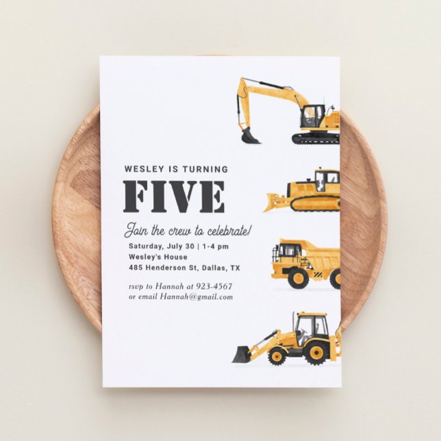 Construction Vehicles 5th Birthday Party Invitation (Creator Uploaded)