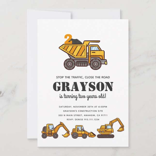 Construction Vehicles Birthday Party Invitation (Front)