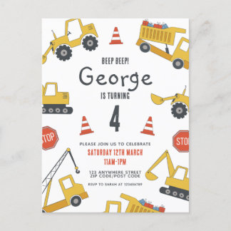 Construction Vehicles Birthday Party Invitation Postcard
