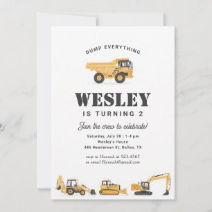 Construction Vehicles Boy 2nd Birthday Invitation