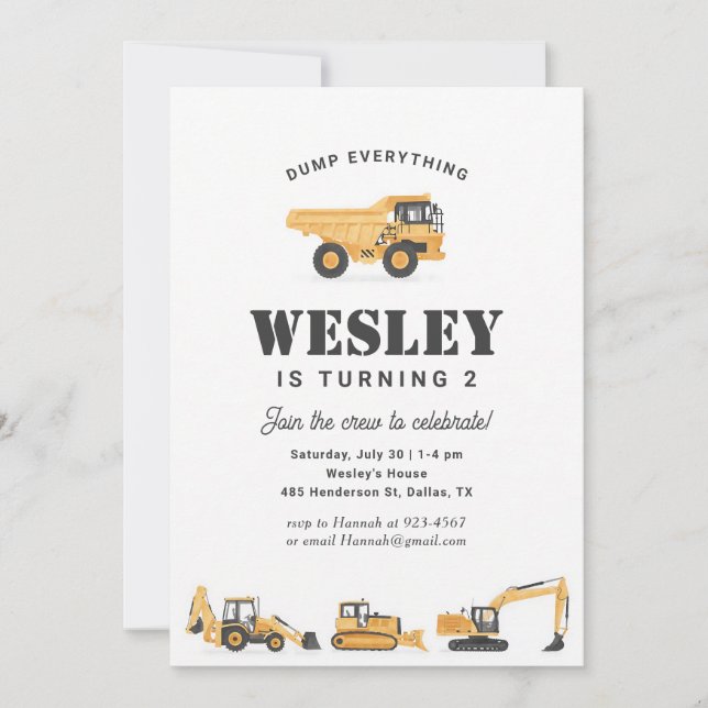 Construction Vehicles Boy 2nd Birthday Invitation (Front)