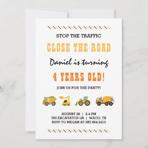 Construction Vehicles Boy Birthday Party Invitation