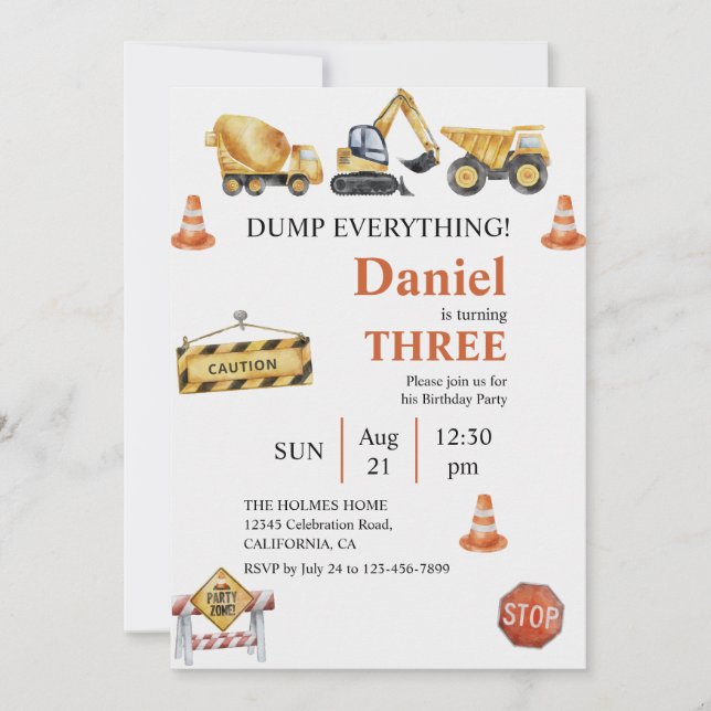 Construction Vehicles Boy Birthday Party Invitation (Front)