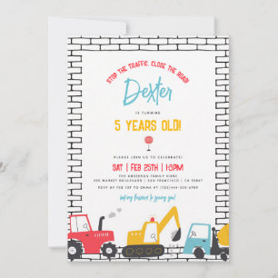 Construction Vehicles Boy Birthday Red Blue Invitation