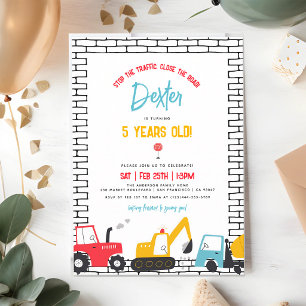Construction Vehicles Boy Birthday Red Blue Invitation
