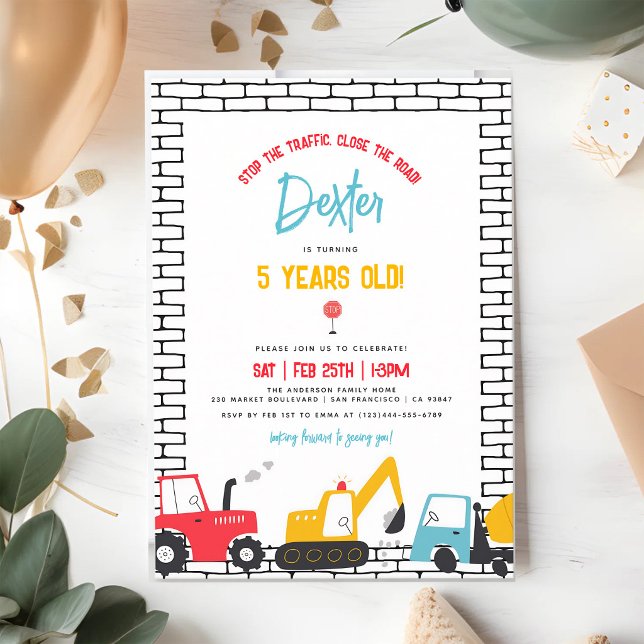 Construction Vehicles Boy Birthday Red Blue Invitation (Creator Uploaded)