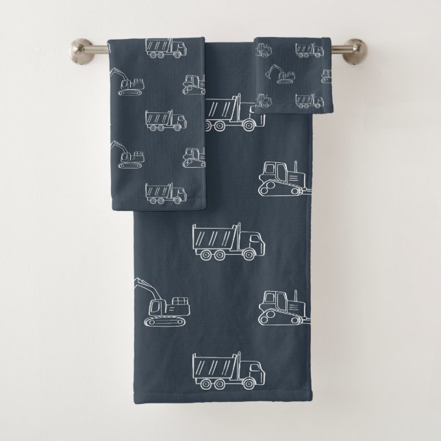Construction Vehicles Builder Boy Truck Dark Blue Bath Towel Set (Insitu)