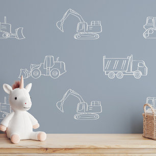 Construction Vehicles Builder Boy Truck Dusty Blue Wallpaper