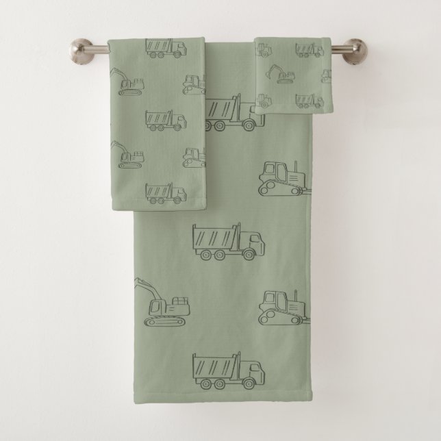 Construction Vehicles Builder Boy Truck Sage Green Bath Towel Set (Insitu)