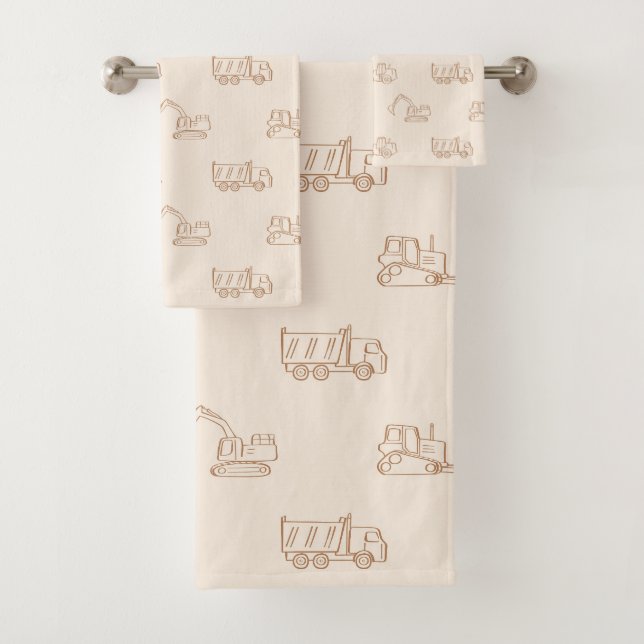 Construction Vehicles Builder Cute Boy Truck Beige Bath Towel Set (Insitu)