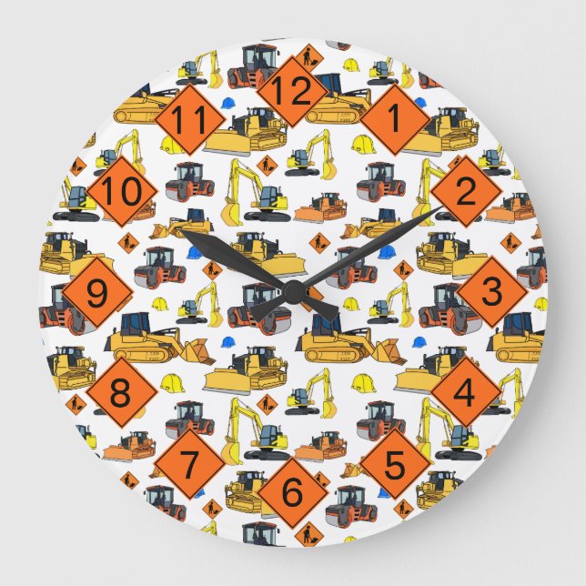 Construction Vehicles Construction SIgns Pattern Large Clock (Front)