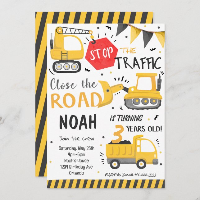 Construction Vehicles Dump Truck Birthday Invite (Front/Back)