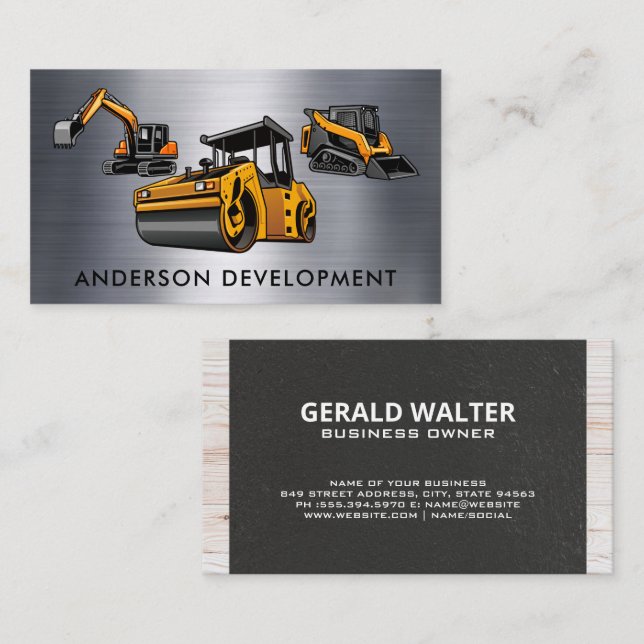 Construction Vehicles | Metal Wood Business Card (Front/Back)