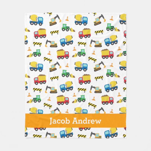 Construction Vehicles Pattern Boys Personalised Fleece Blanket (Front)