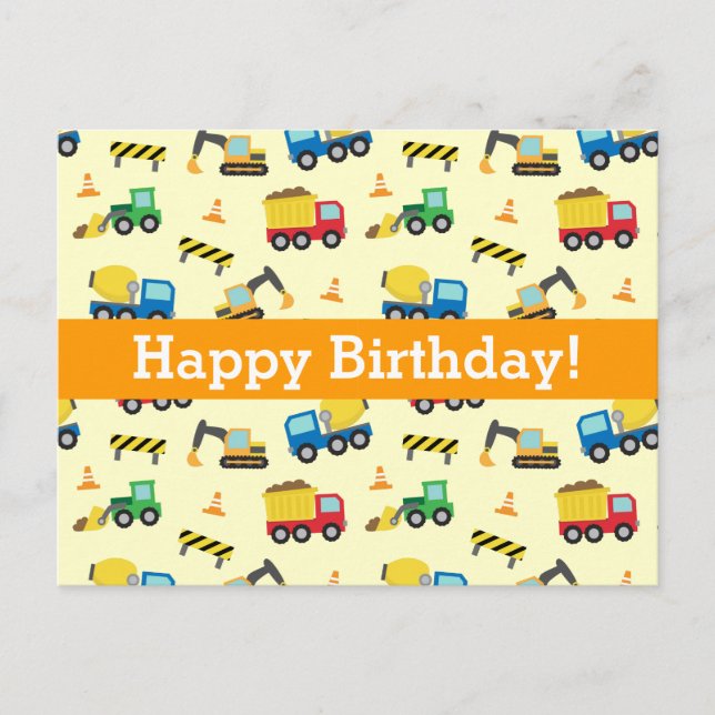 Construction Vehicles Pattern, Happy Birthday Postcard (Front)