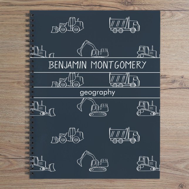Construction Vehicles School Boys Name Dark Blue Notebook (Creator Uploaded)