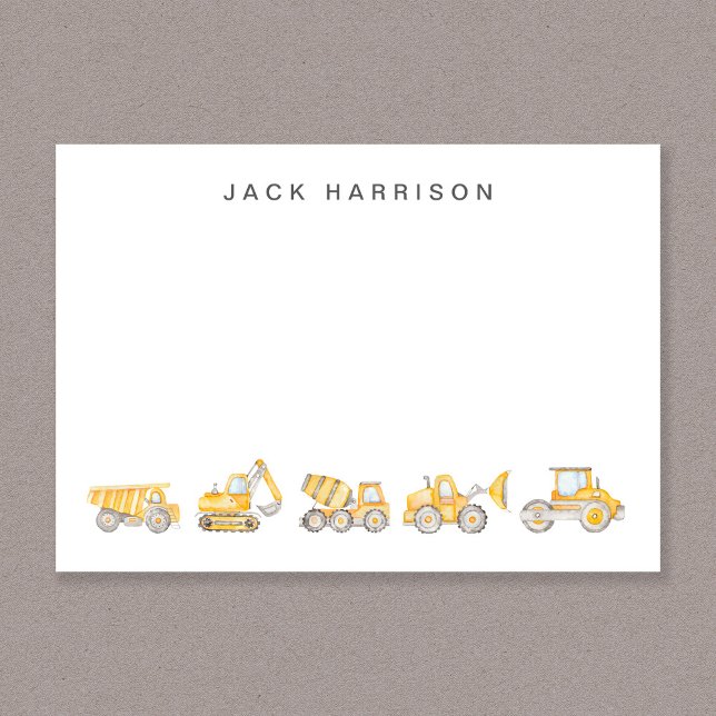 Construction Vehicles Watercolor Boys Monogrammed Card (Construction Vehicles Watercolor Boys Monogrammed Note Card)