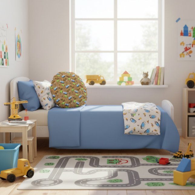 Construction Vehicles & Workers Pattern Throw Pill Round Cushion (Creator Uploaded)