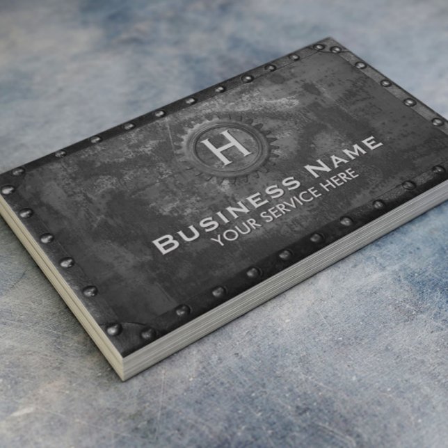 Construction Vintage Monogram Rusty Black Metal Business Card (Creator Uploaded)
