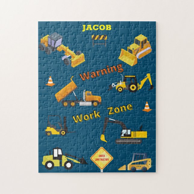 Construction Warning Work Zone w/ Name Jigsaw Puzzle (Vertical)