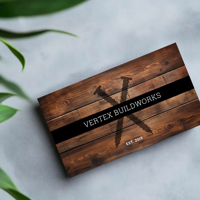 Construction Wood Furniture screws rustic timber  Business Card (Dark wood timber customizable business cards; construction builders, contractors, furniture makers.)