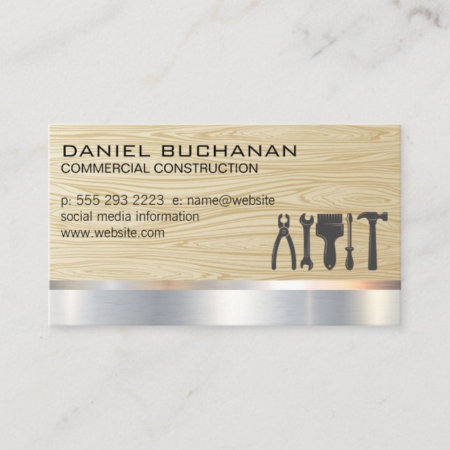 Construction | Wood Metallic | Carpenter Tools Business Card (Front)