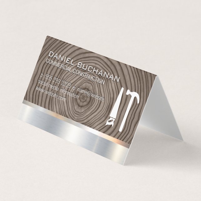 Construction | Wood Metallic | Saw Hammer Tools Business Card (Front)