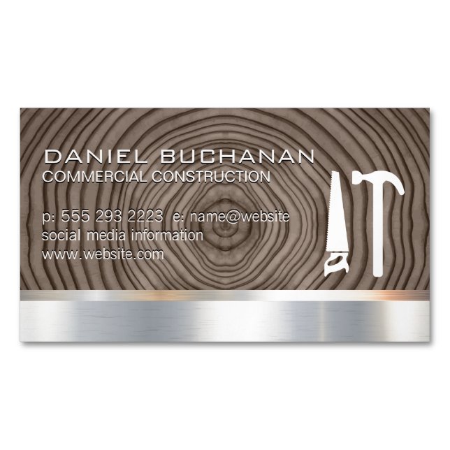 Construction | Wood Metallic | Saw Hammer Tools Magnetic Business Card (Front)