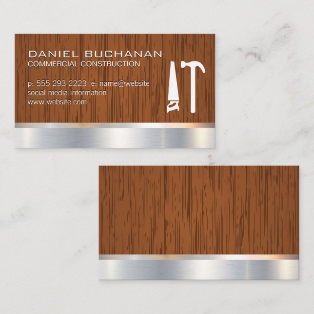 Construction | Wooden Boards | Saw Hammer Tools Business Card (Front/Back)