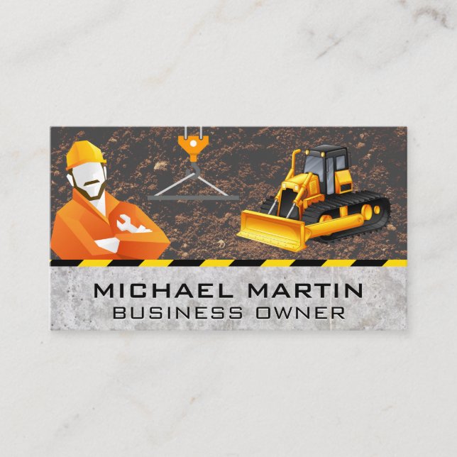 Construction Worker and Vehicle | Building Business Card (Front)