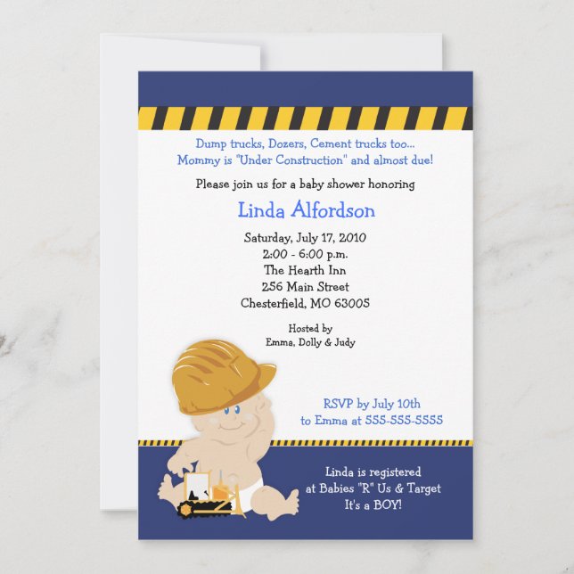 CONSTRUCTION WORKER Baby Shower Invitation 5x7 (Front)